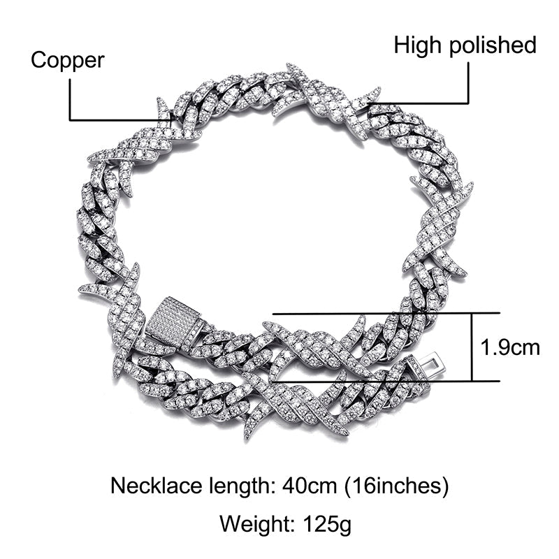 Iced Out Cuban Link Chain White Gold Plated Barb Wire Necklace 18MM