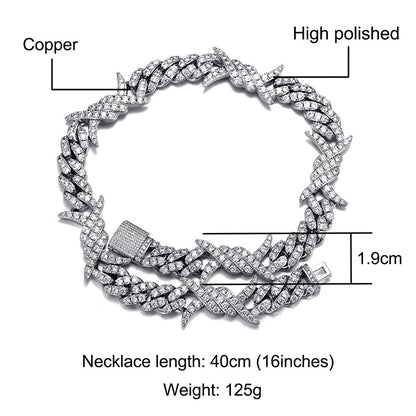 Iced Out Cuban Link Chain White Gold Plated Barb Wire Necklace 18MM