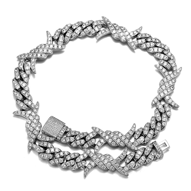 Iced Out Cuban Link Chain White Gold Plated Barb Wire Necklace 18MM