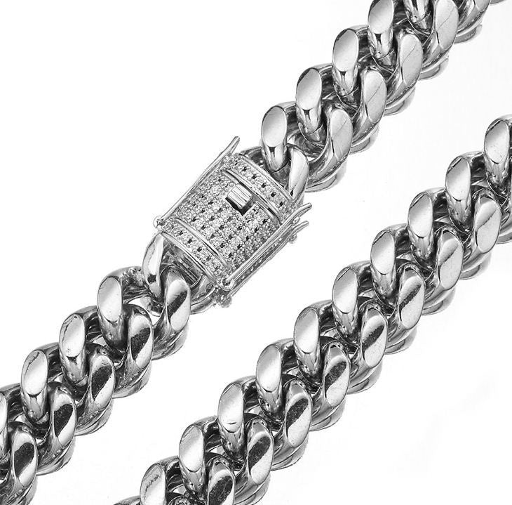 12MM Stainless Steel Iced Out Clasp Miami Cuban Link Chain Bracelect Set