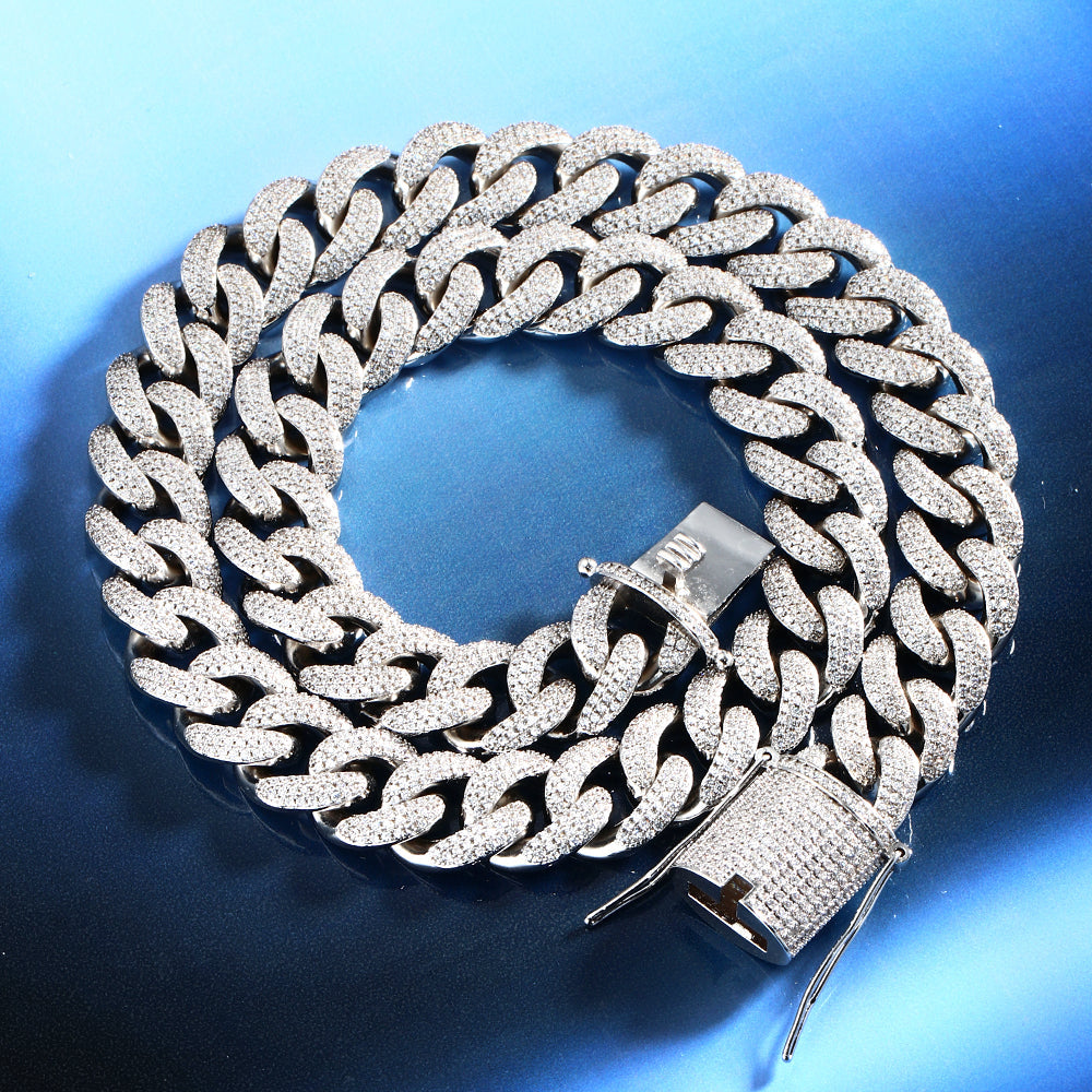 15MM White Gold Plated Chunky Iced out Cuban Link Chain Necklace TRIPOD JEWELRY