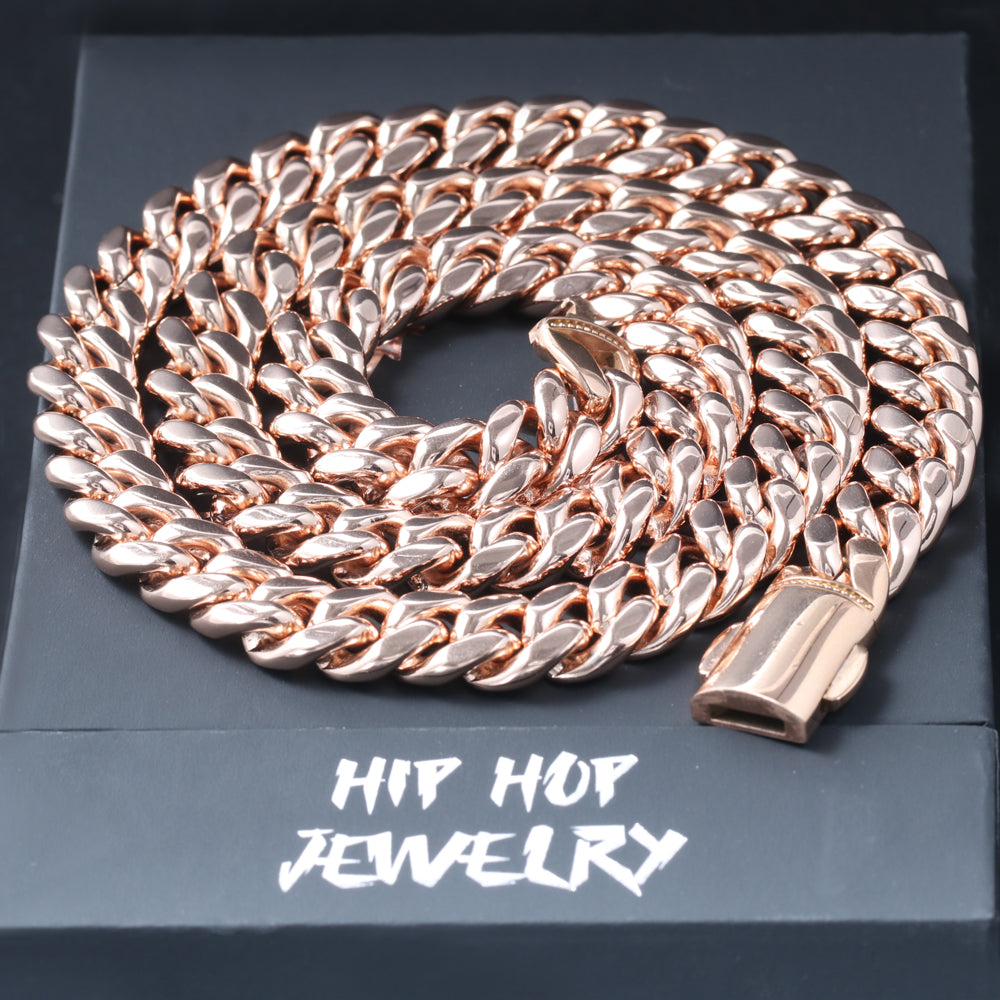 New Clasp 12MM Red Gold Plated Miami Cuban Link Chain Nekclace