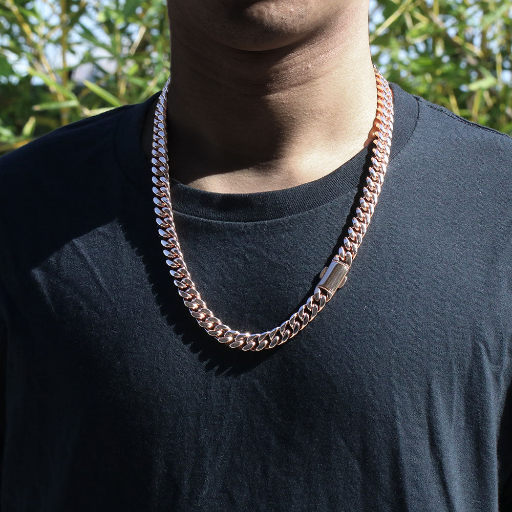 New Clasp 12MM Red Gold Plated Miami Cuban Link Chain Nekclace