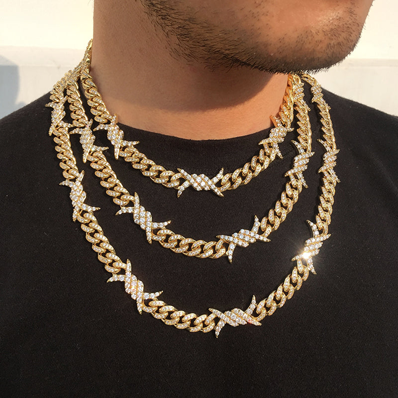 10MM Real 14K Gold Plated Barb Wire Cuban Link Chain Necklace Iced Out