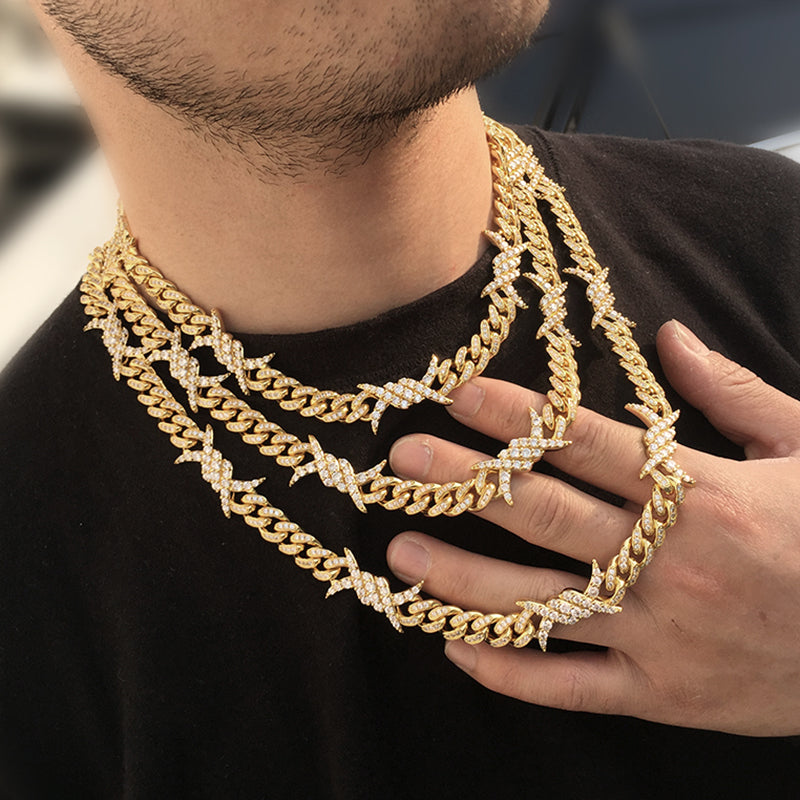 10MM Real 14K Gold Plated Barb Wire Cuban Link Chain Necklace Iced Out