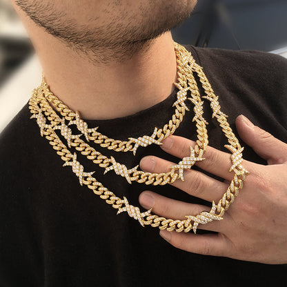 10MM Real 14K Gold Plated Barb Wire Cuban Link Chain Necklace Iced Out