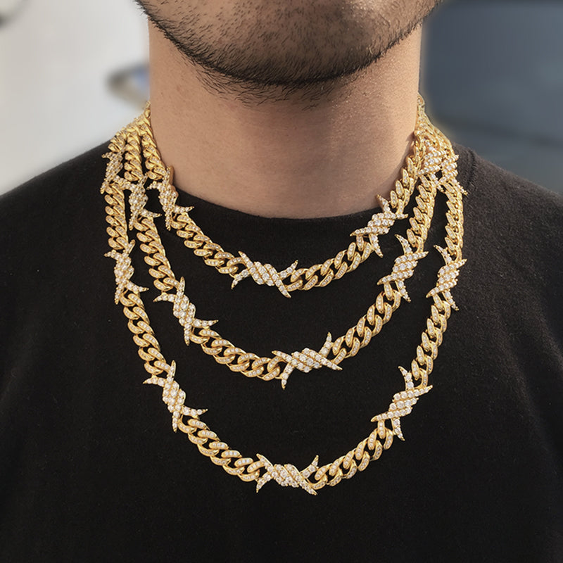 10MM Real 14K Gold Plated Barb Wire Cuban Link Chain Necklace Iced Out
