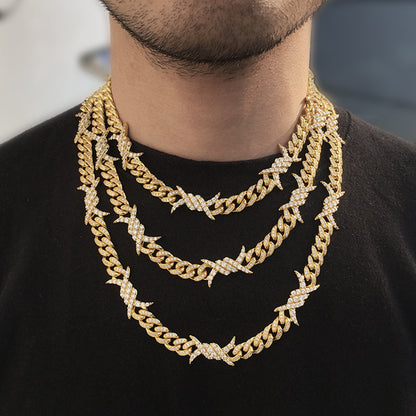 10MM Real 14K Gold Plated Barb Wire Cuban Link Chain Necklace Iced Out
