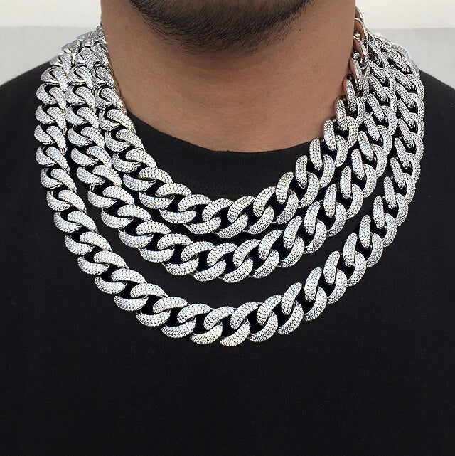 15MM White Gold Plated Chunky Iced out Cuban Link Chain Necklace TRIPOD JEWELRY