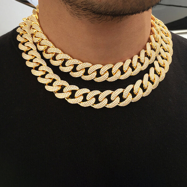 15MM 18K Gold Plated Chunky Iced out Cuban Link Chain Necklace