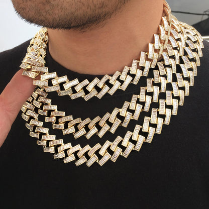 19MM 14K Gold Plated Iced Out Baguette Cuban Link Chain Necklace - Tripodjewelry