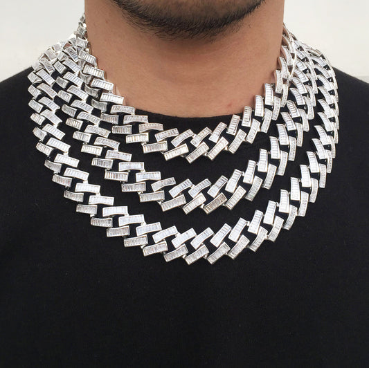 19MM White Gold Plated Iced Out Baguette Cuban Link Chain Necklace