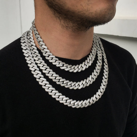 15MM White Gold Prong Diamond Cuban Link Chain Necklace Tripodjewelry