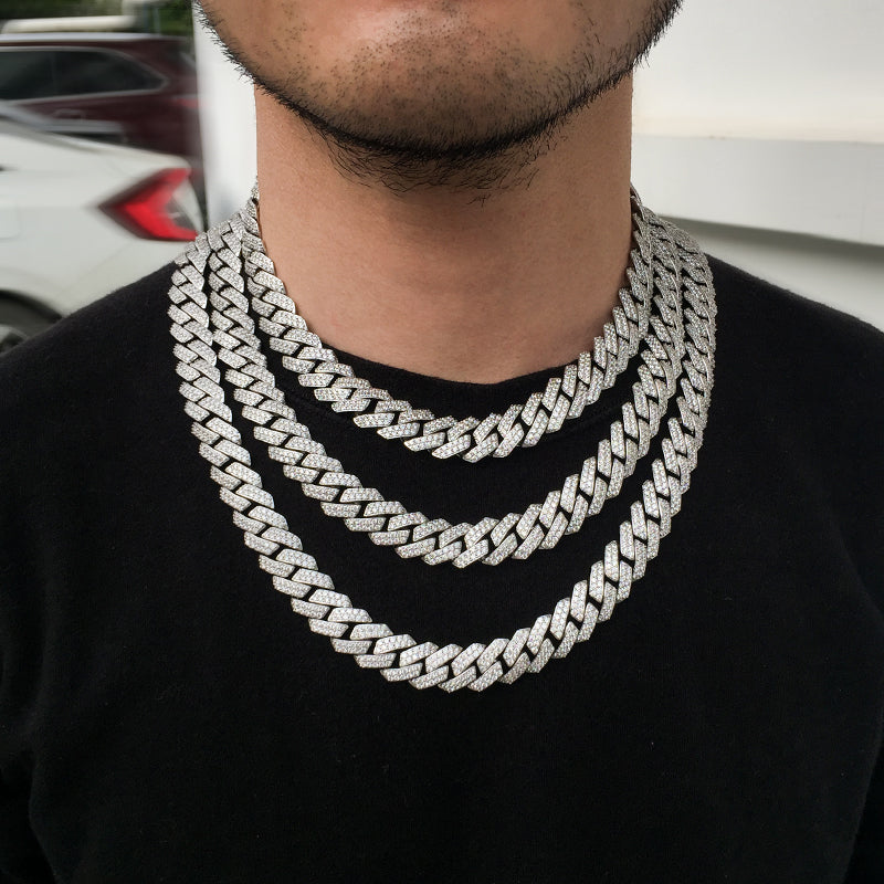 15MM White Gold Prong Diamond Cuban Link Chain Necklace Tripodjewelry
