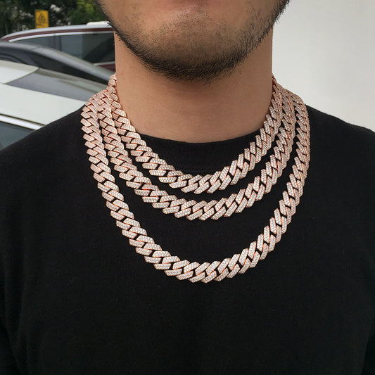 15MM Rose Gold Prong Diamond Cuban Link Chain Necklace Tripodjewelry