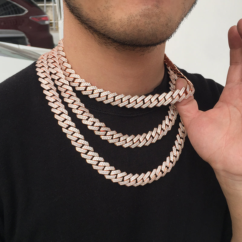 15MM Rose Gold Prong Diamond Cuban Link Chain Necklace Tripodjewelry
