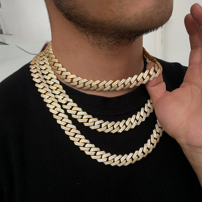 15MM 18K Gold Prong Diamond Cuban Link Chain Necklace Tripodjewelry
