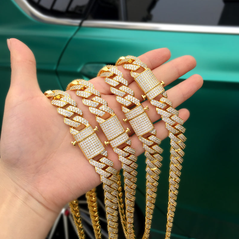15MM 18K Gold Plated Prong Iced Out Cuban Link Bracelet