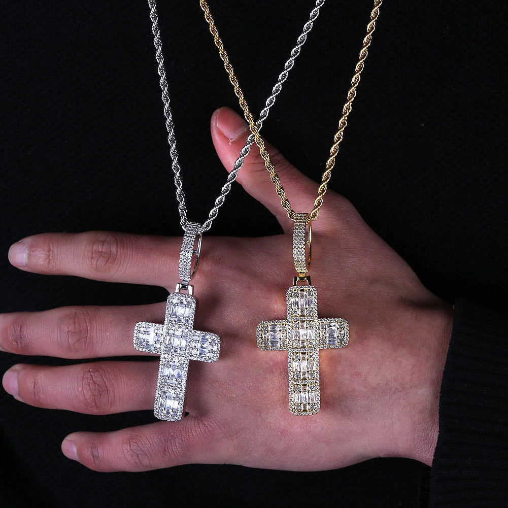 18K Gold Iced Baguette Cross Pendant Tripodjewelry
