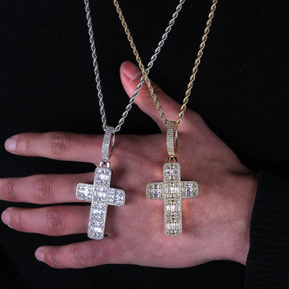 18K Gold Iced Baguette Cross Pendant Tripodjewelry