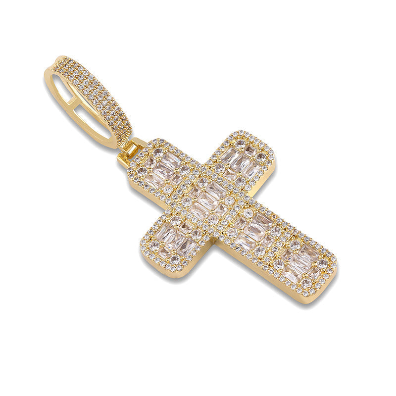 18K Gold Iced Baguette Cross Pendant Tripodjewelry