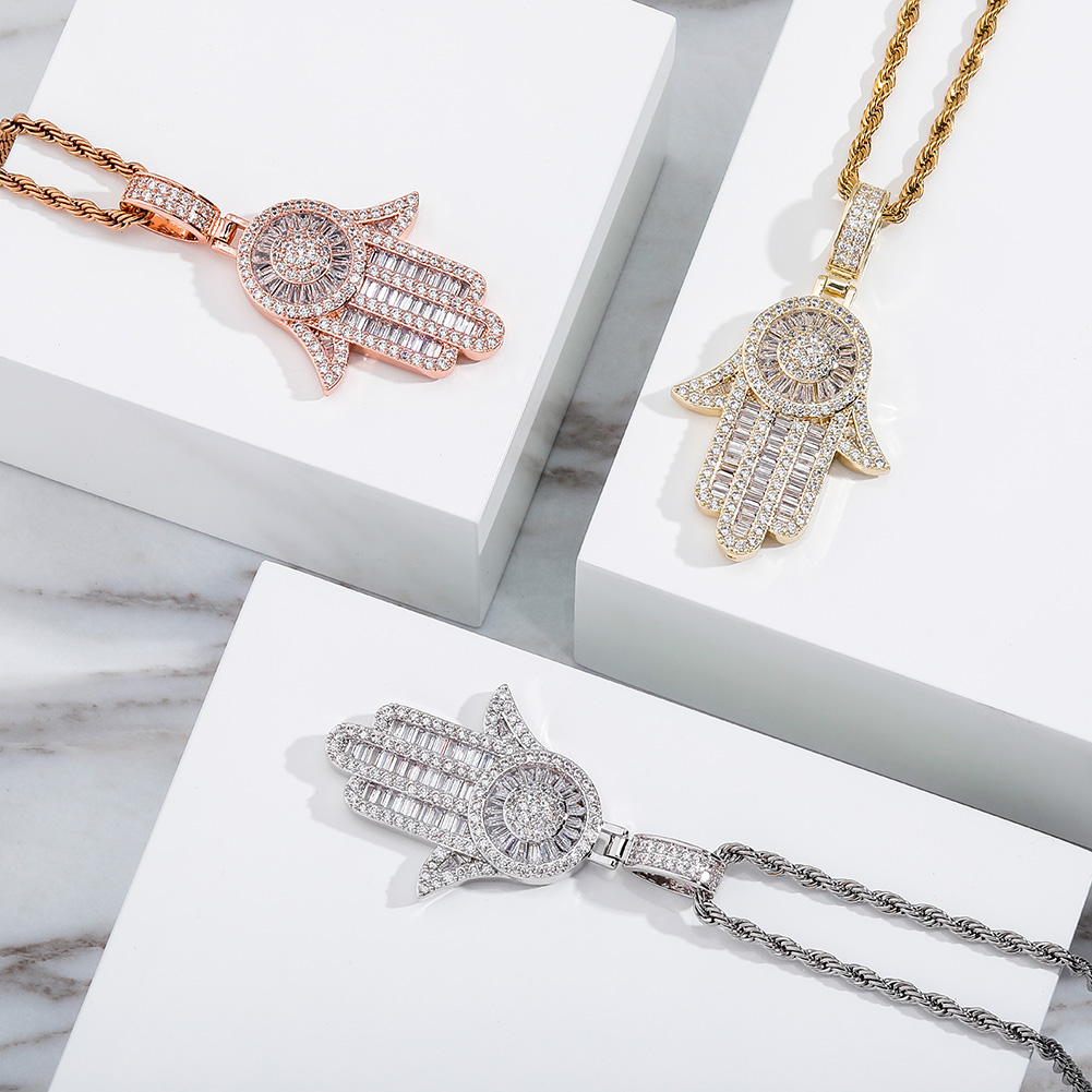 Rose Gold Baguette Iced Out Hamsa Hand Pendant Tripodjewelry