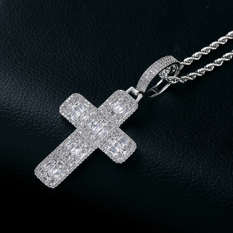 White Gold Iced Baguette Cross Pendant Tripodjewelry