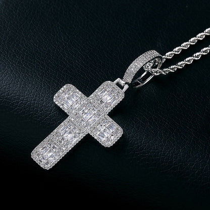 White Gold Iced Baguette Cross Pendant Tripodjewelry