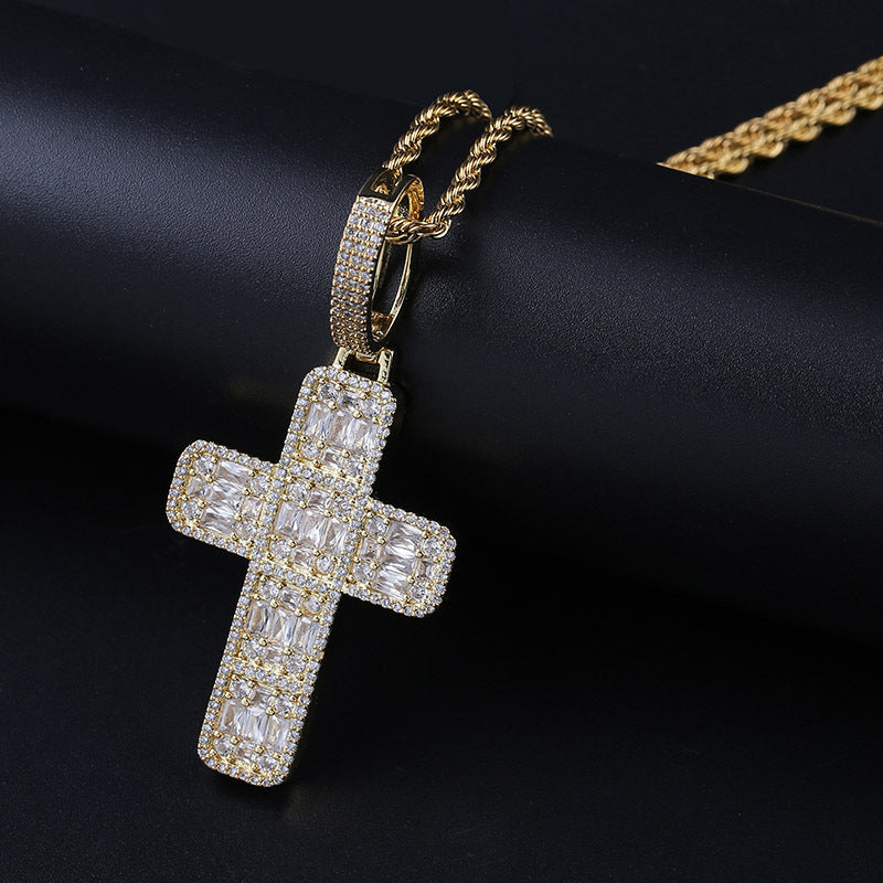 18K Gold Iced Baguette Cross Pendant Tripodjewelry