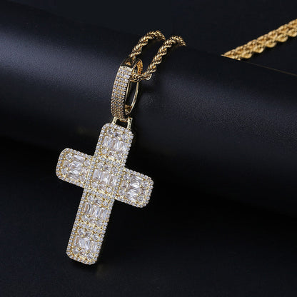18K Gold Iced Baguette Cross Pendant Tripodjewelry