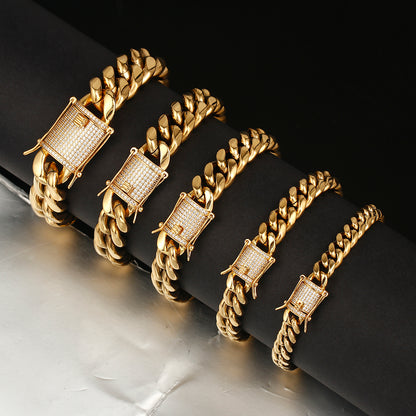 18K Gold Plated Solid Stainless Steel Iced Out Miami Cuban Link Bracelet For Men
