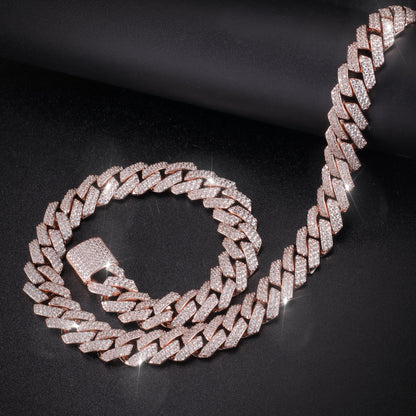 15MM Rose Gold Prong Diamond Cuban Link Chain Necklace Tripodjewelry