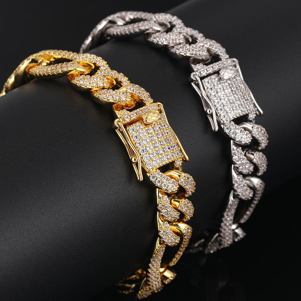 12MM White Gold Plated Iced Out Figaro Bracelet - Tripodjewelry