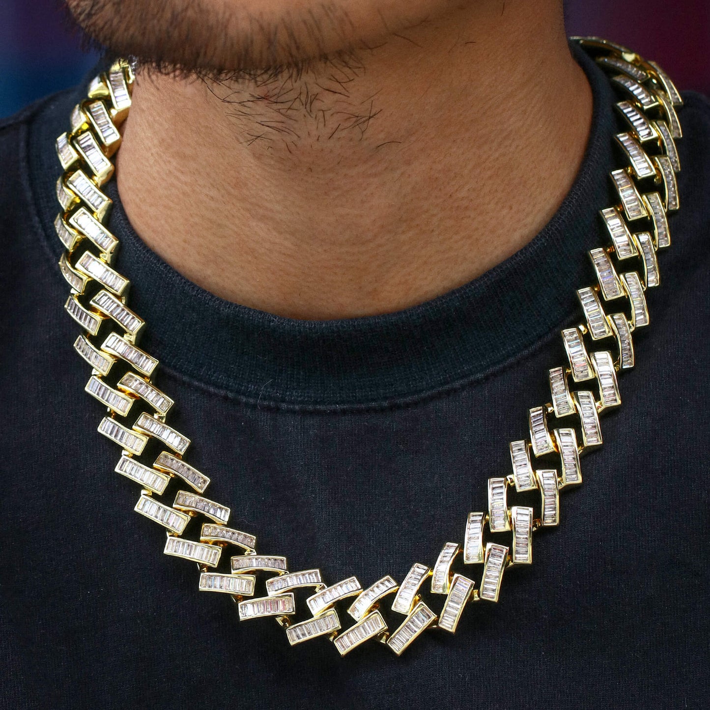 19MM 14K Gold Plated Iced Out Baguette Cuban Link Chain Necklace - Tripodjewelry