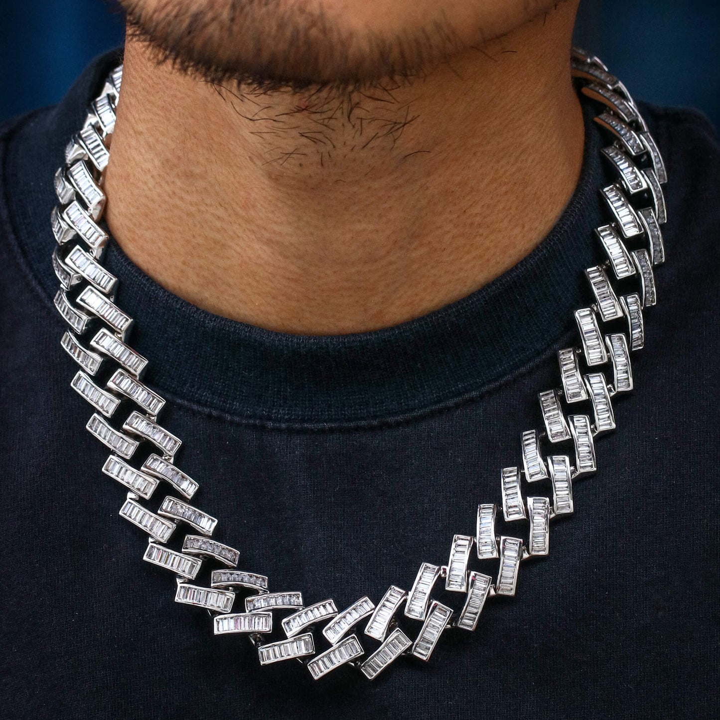 19MM White Gold Plated Iced Out Baguette Cuban Link Chain Necklace