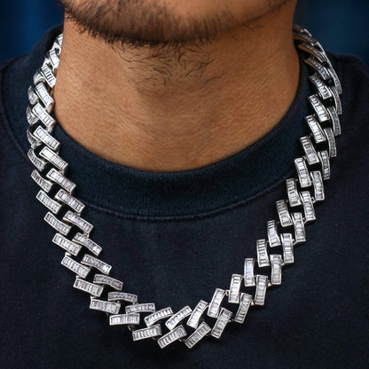 19MM White Gold Plated Iced Out Baguette Cuban Link Chain Necklace