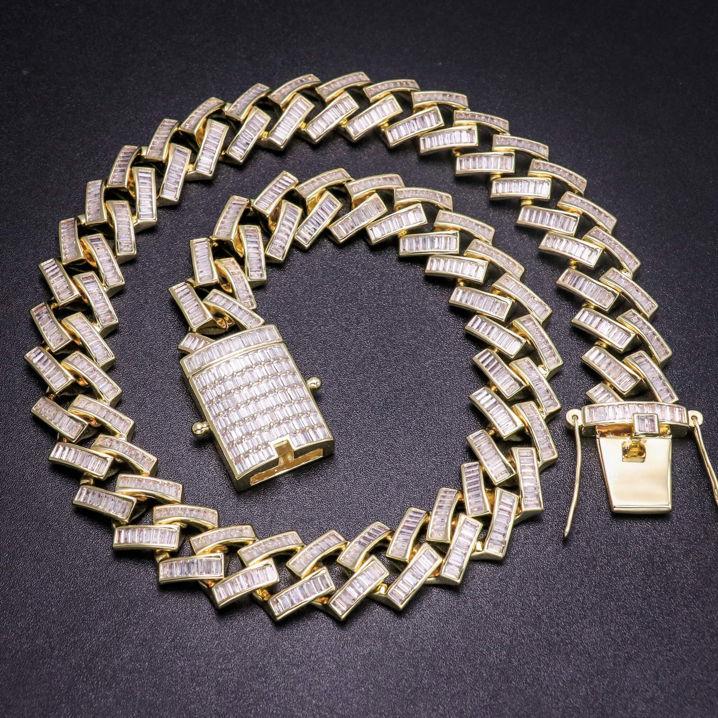 19MM 14K Gold Plated Iced Out Baguette Cuban Link Chain Necklace - Tripodjewelry