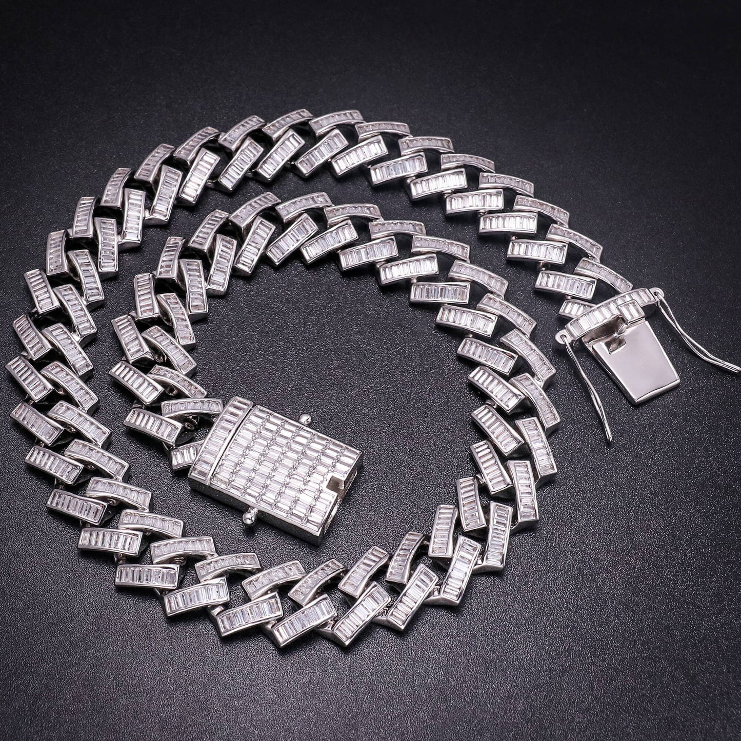 19MM White Gold Plated Iced Out Baguette Cuban Link Chain Necklace