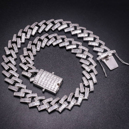 19MM White Gold Plated Iced Out Baguette Cuban Link Chain Necklace