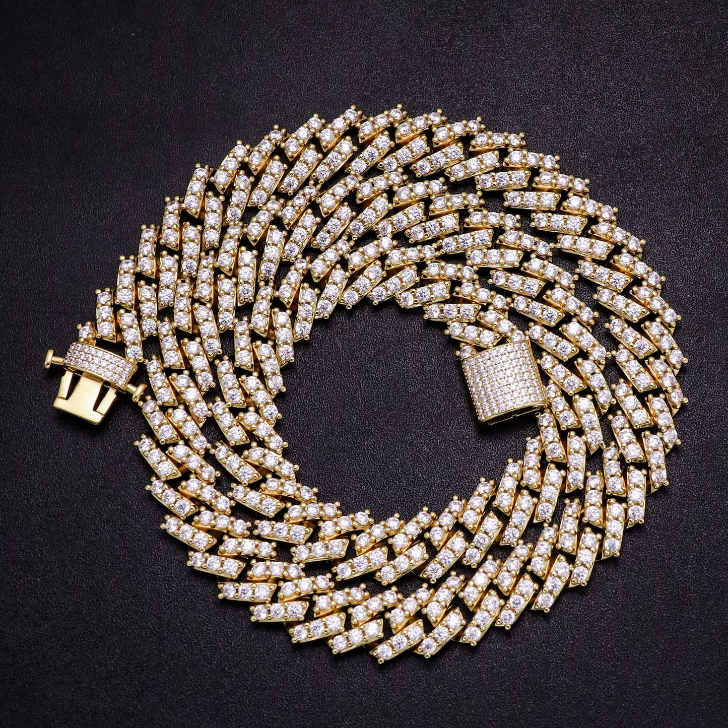 15MM 14K Gold Plated Simulated Iced Out S Link Prong Chain Necklace