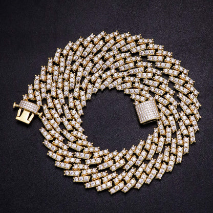 15MM 14K Gold Plated Simulated Iced Out S Link Prong Chain Necklace