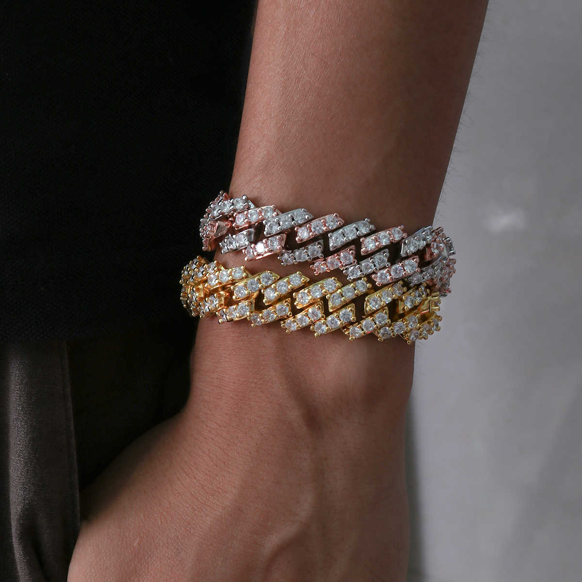 15MM 14K Gold Plated Simulated Iced Out S Link Prong Bracelet