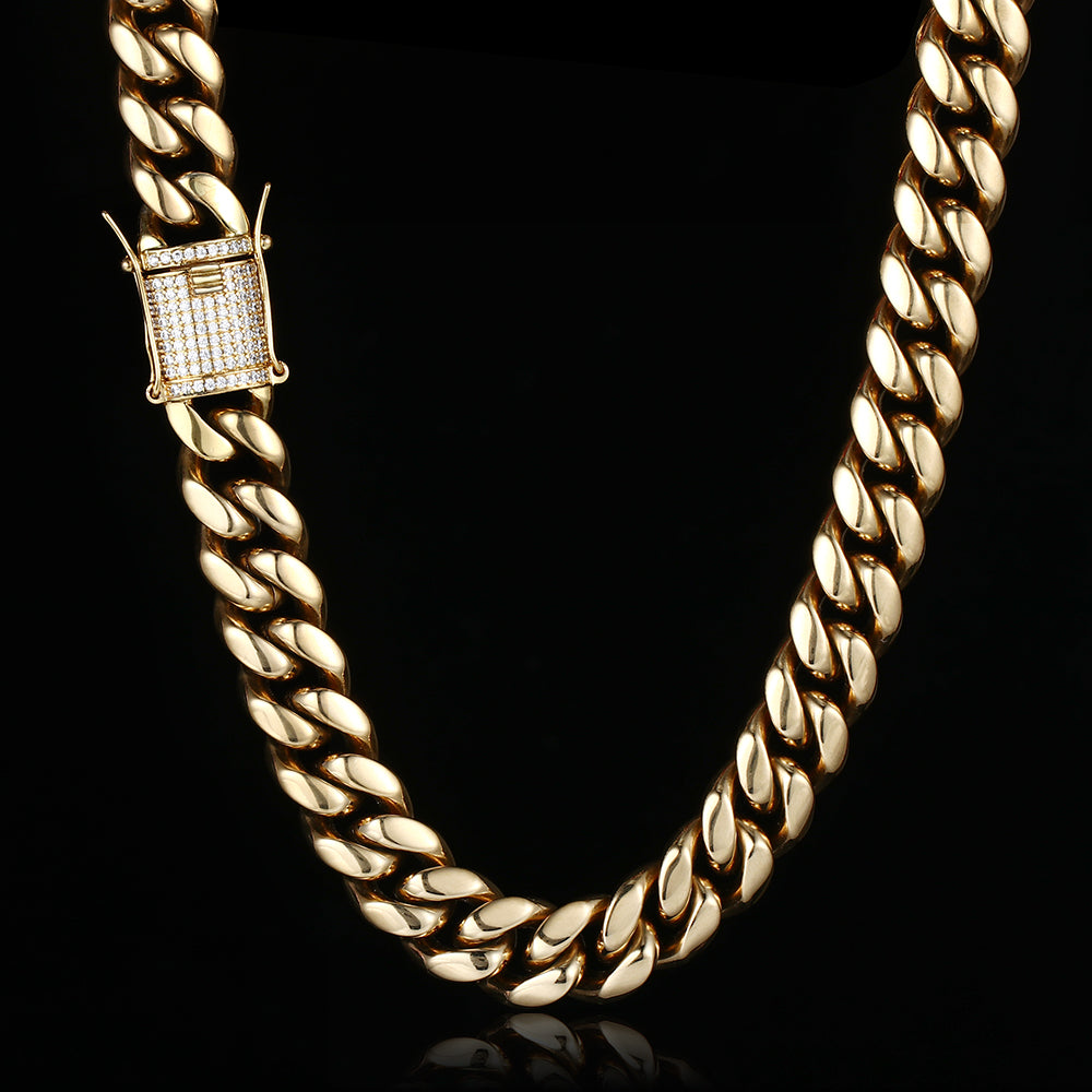 18MM 14K Gold Plated  Stainless Steel Iced Out Miami Cuban Link Chain Necklace Tripodjewelry