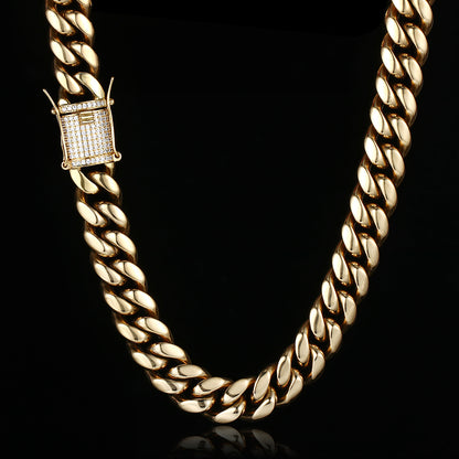 16MM 14K Gold Plated Stainless Steel Iced Out Miami Cuban Link Chain Necklace