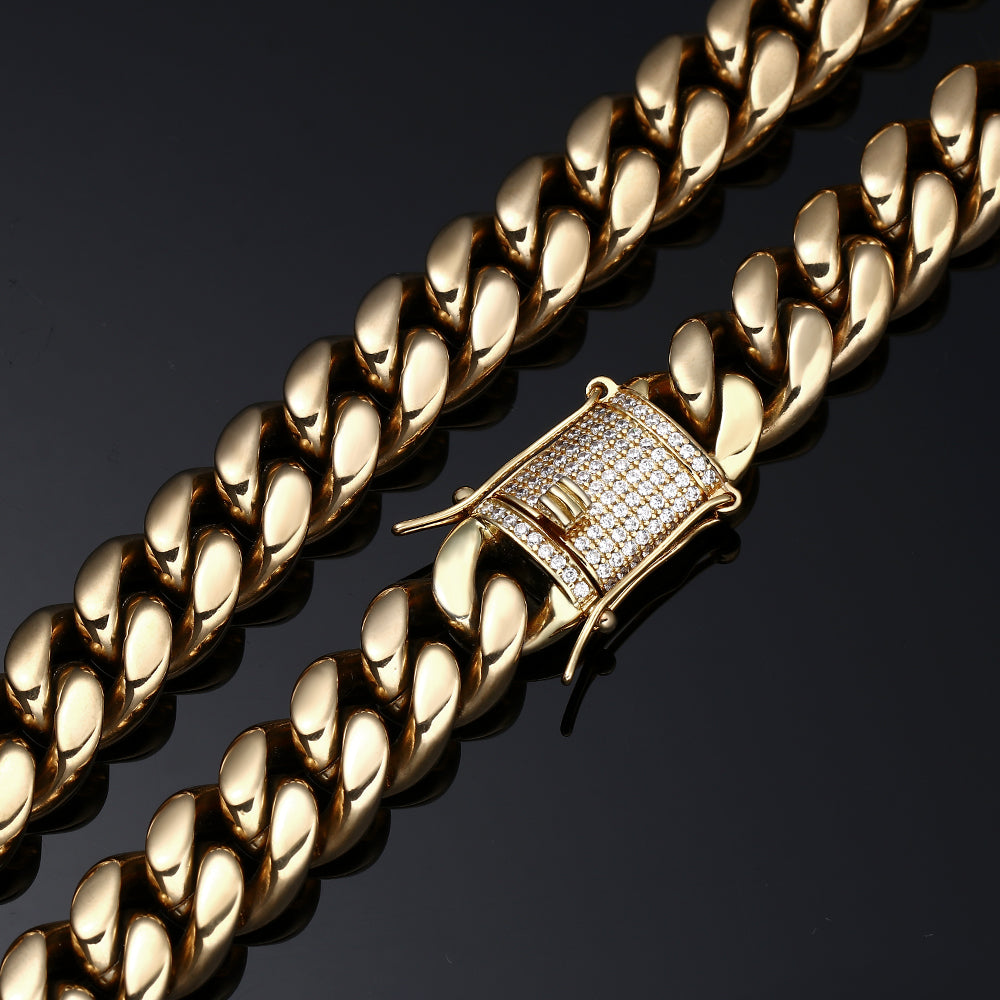 16MM 14K Gold Plated Stainless Steel Iced Out Miami Cuban Link Chain Necklace