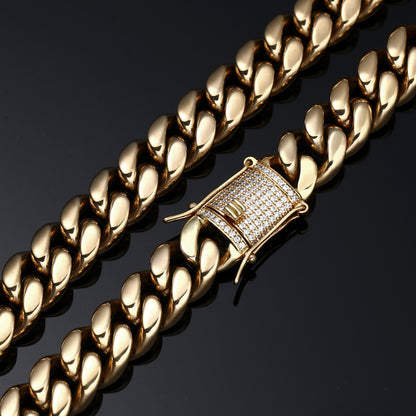 16MM 14K Gold Plated Stainless Steel Iced Out Miami Cuban Link Chain Necklace