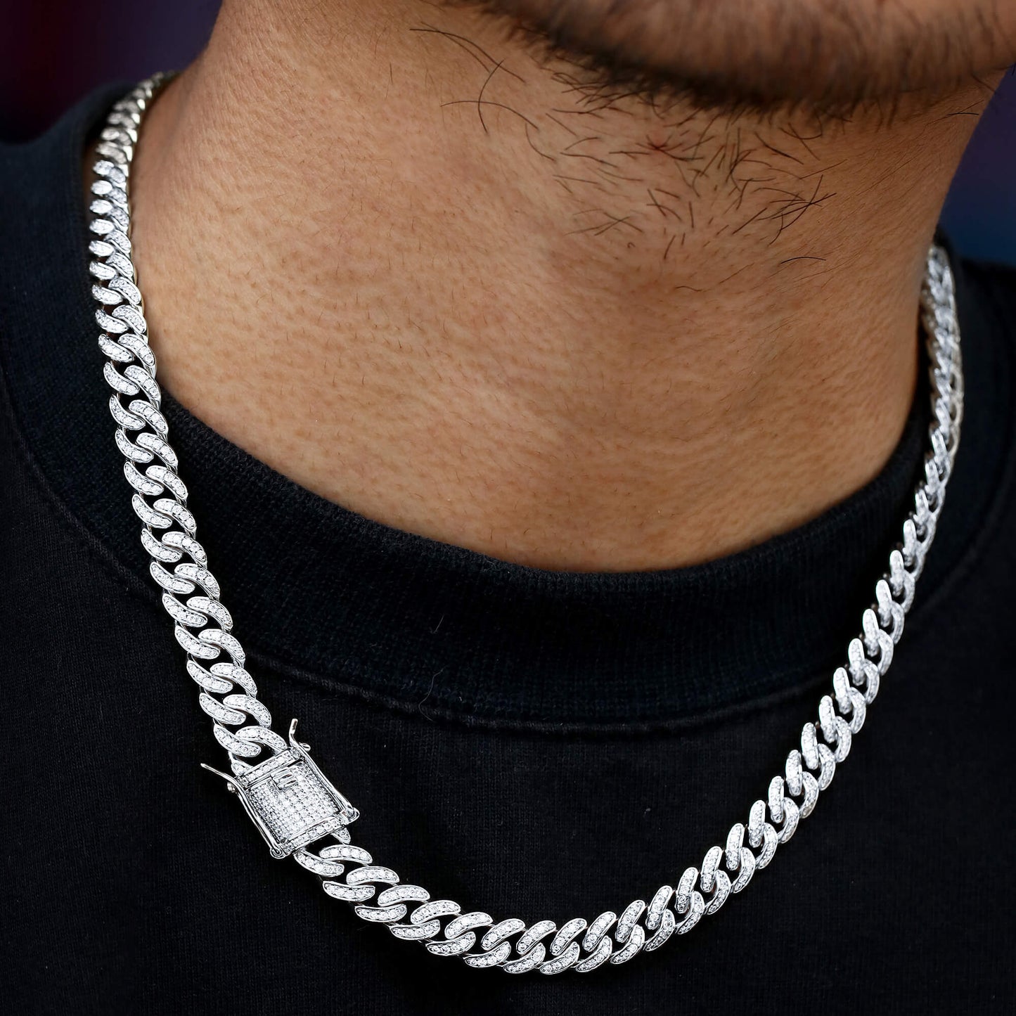 8MM White Gold Plated Iced Out Micro Cuban Link Chain Necklace