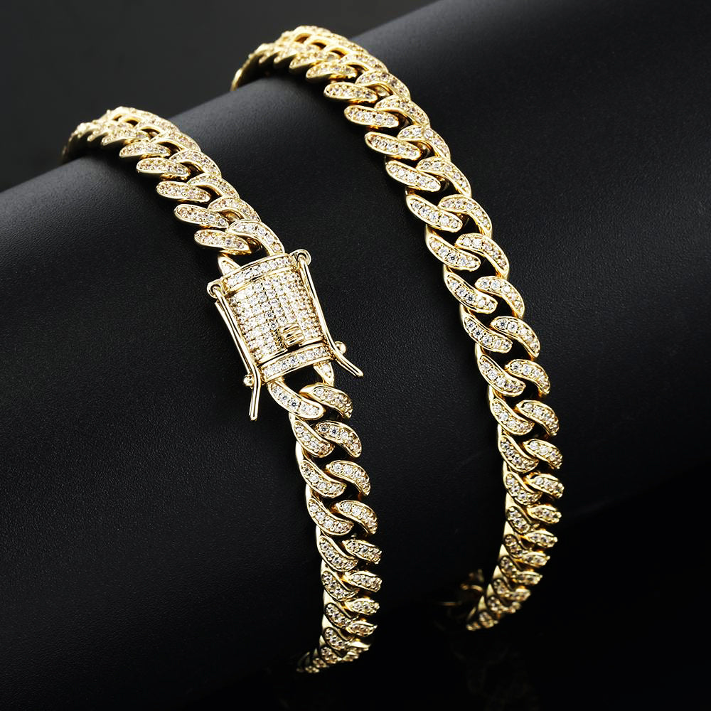 8MM 14K Gold Plated Iced Out Micro Cuban Link Chain Necklace