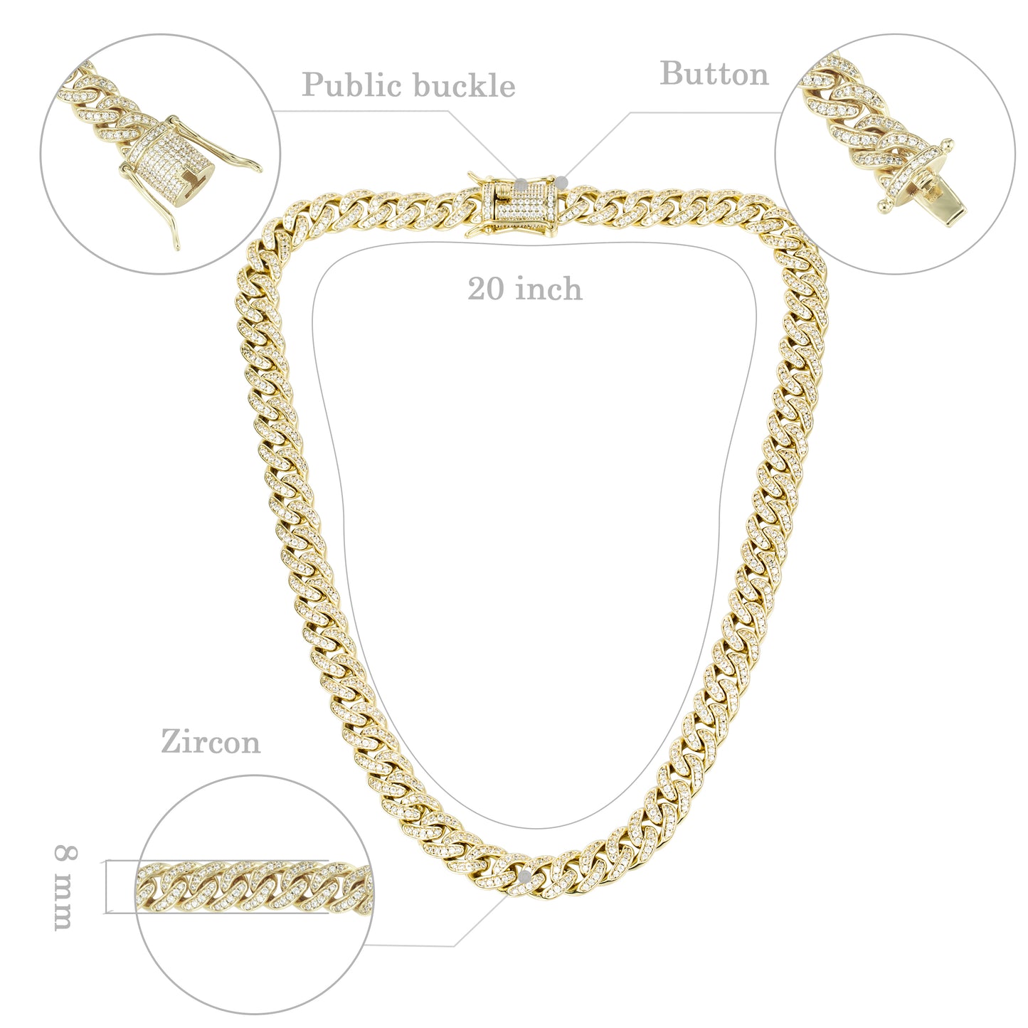 8MM 14K Gold Plated Iced Out Micro Cuban Link Chain Necklace