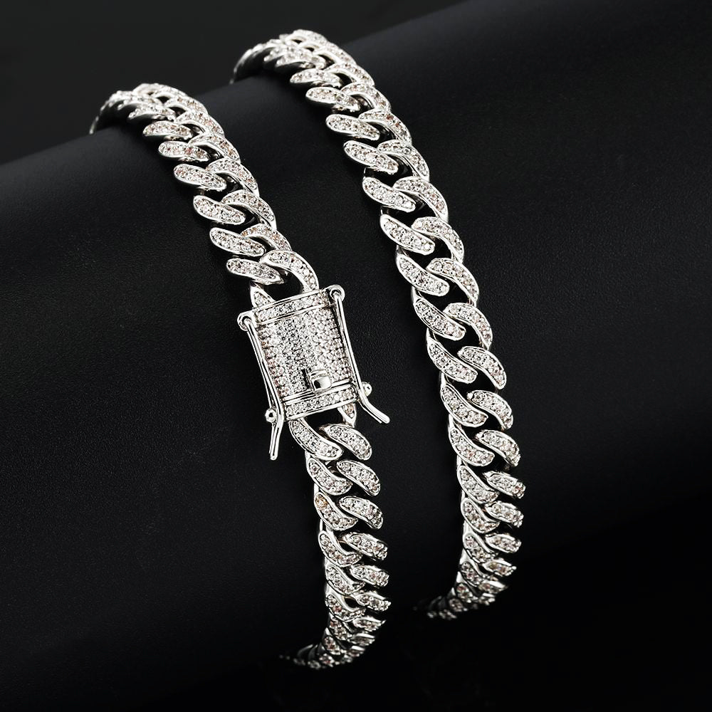 8MM White Gold Plated Iced Out Micro Cuban Link Chain Necklace